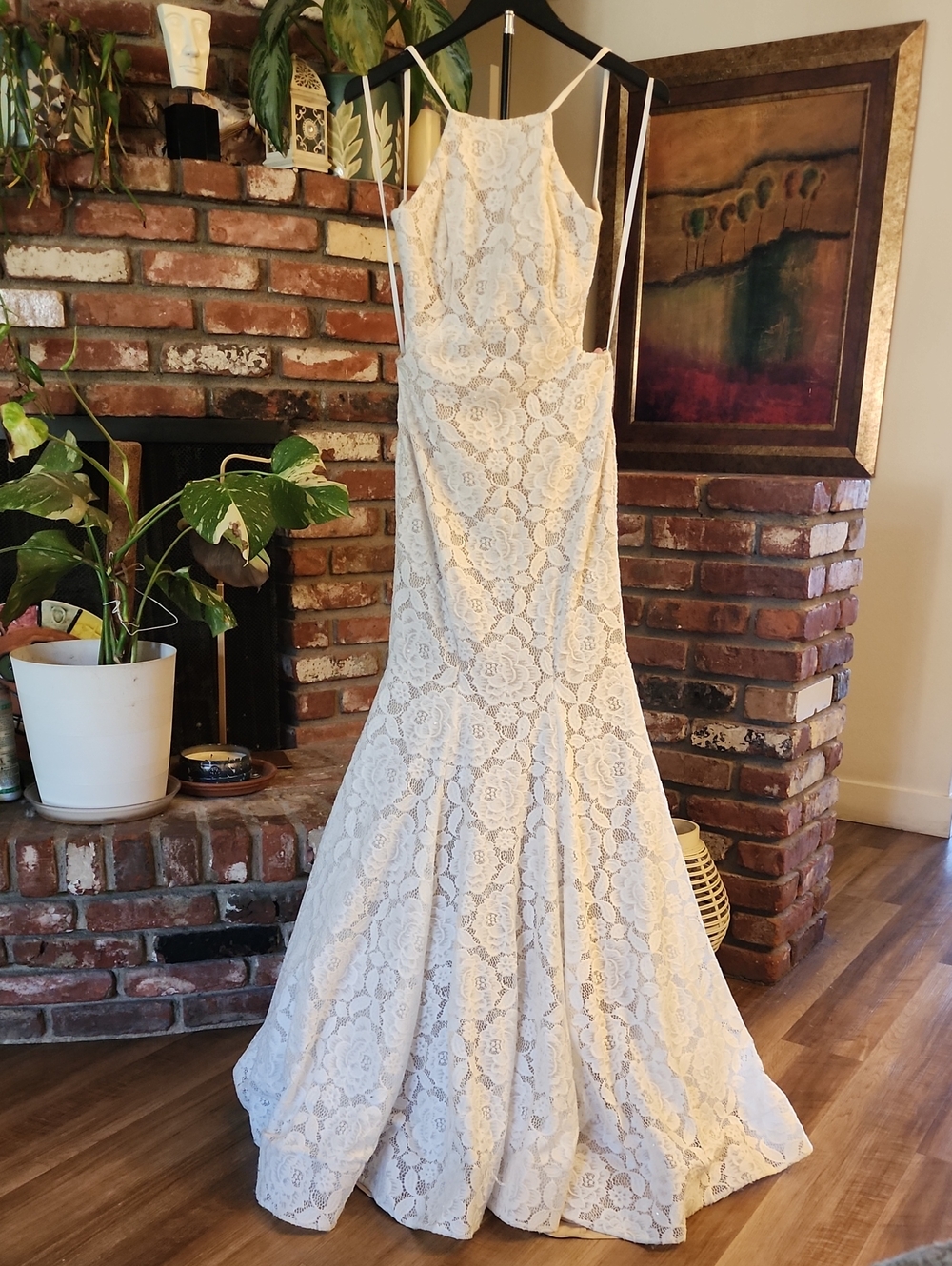 La Femme Ivory Lace Sheer Halter Mermaid Wedding Bridal Gown